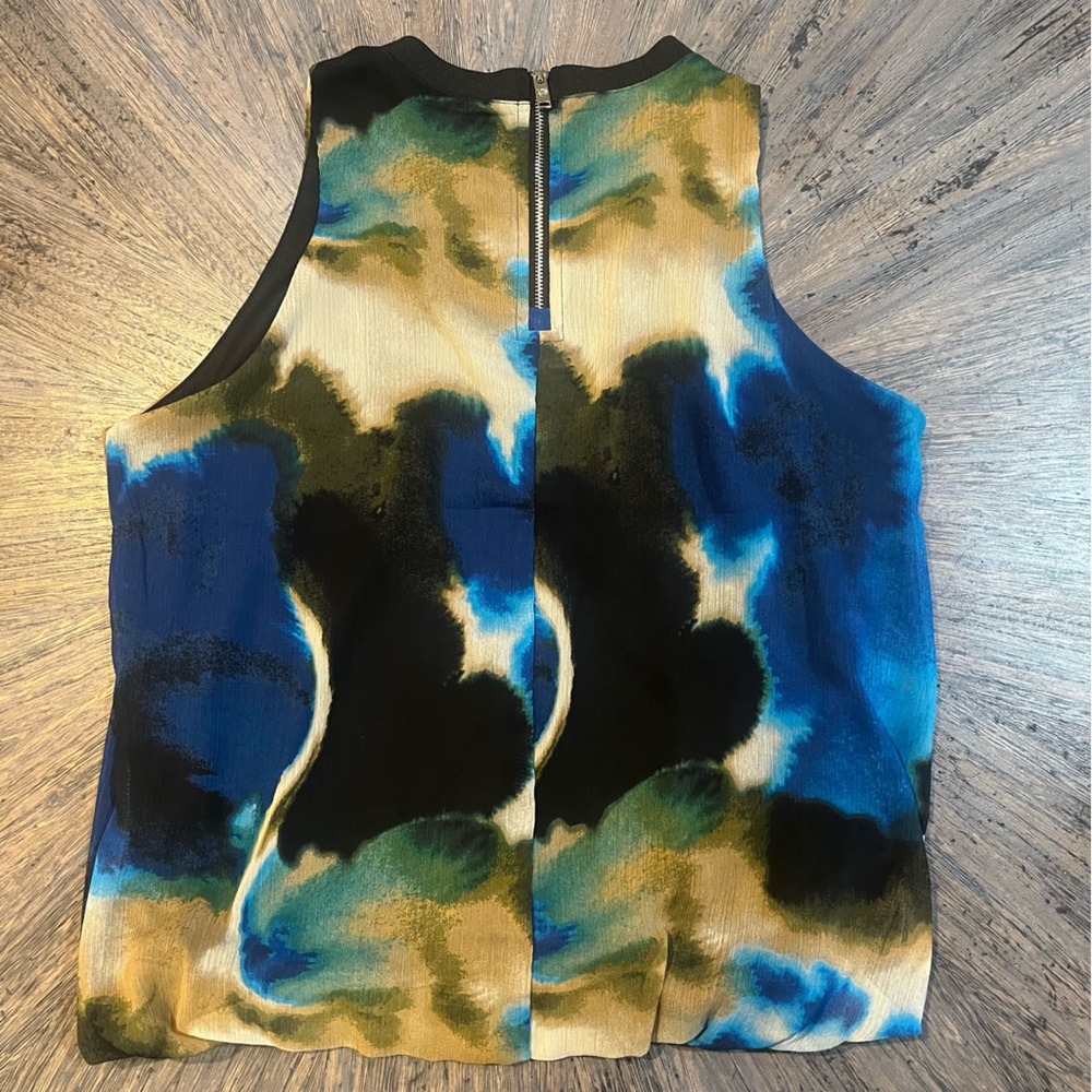 DKNY Watercolor Blue, Yellow & Brown Crepe Sleeveless Blouse Lined XS - Picture 2 of 9